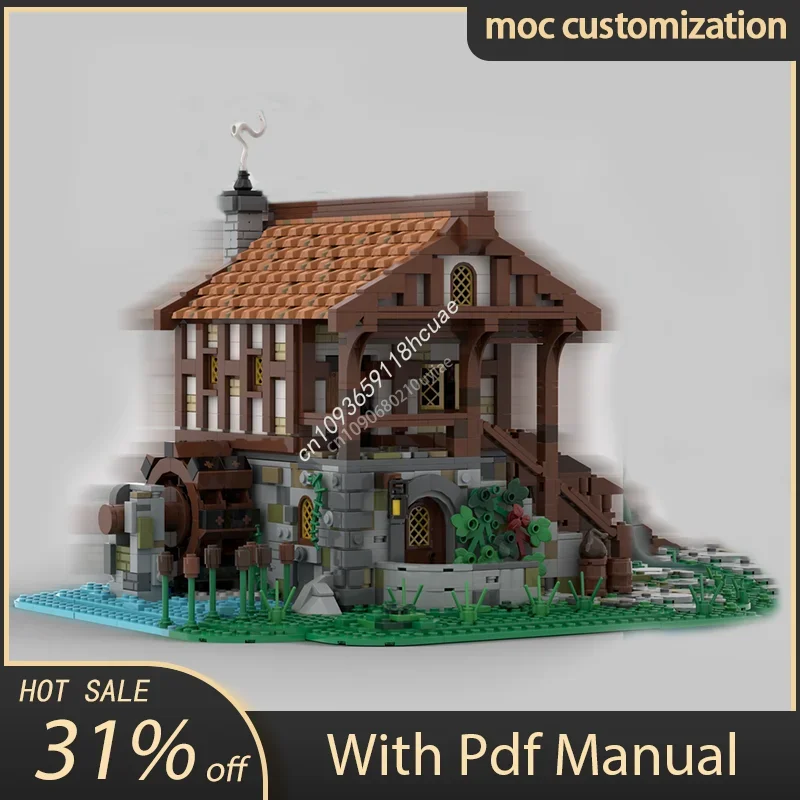 

2335 шт. Moc, средневековая водяная мельница, модульная модель замка, строительные кирпичи, наборы «сделай сам», сборочные блоки, игрушки, рождественские подарки