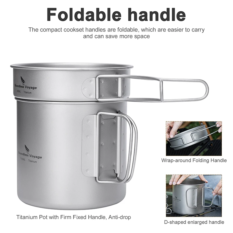 Boundless Voyage Titan-Topf- und Pfannenset mit Klappgriffen Camping-Kochgeschirr Outdoor-Kochset Ti2053C – Detail 4