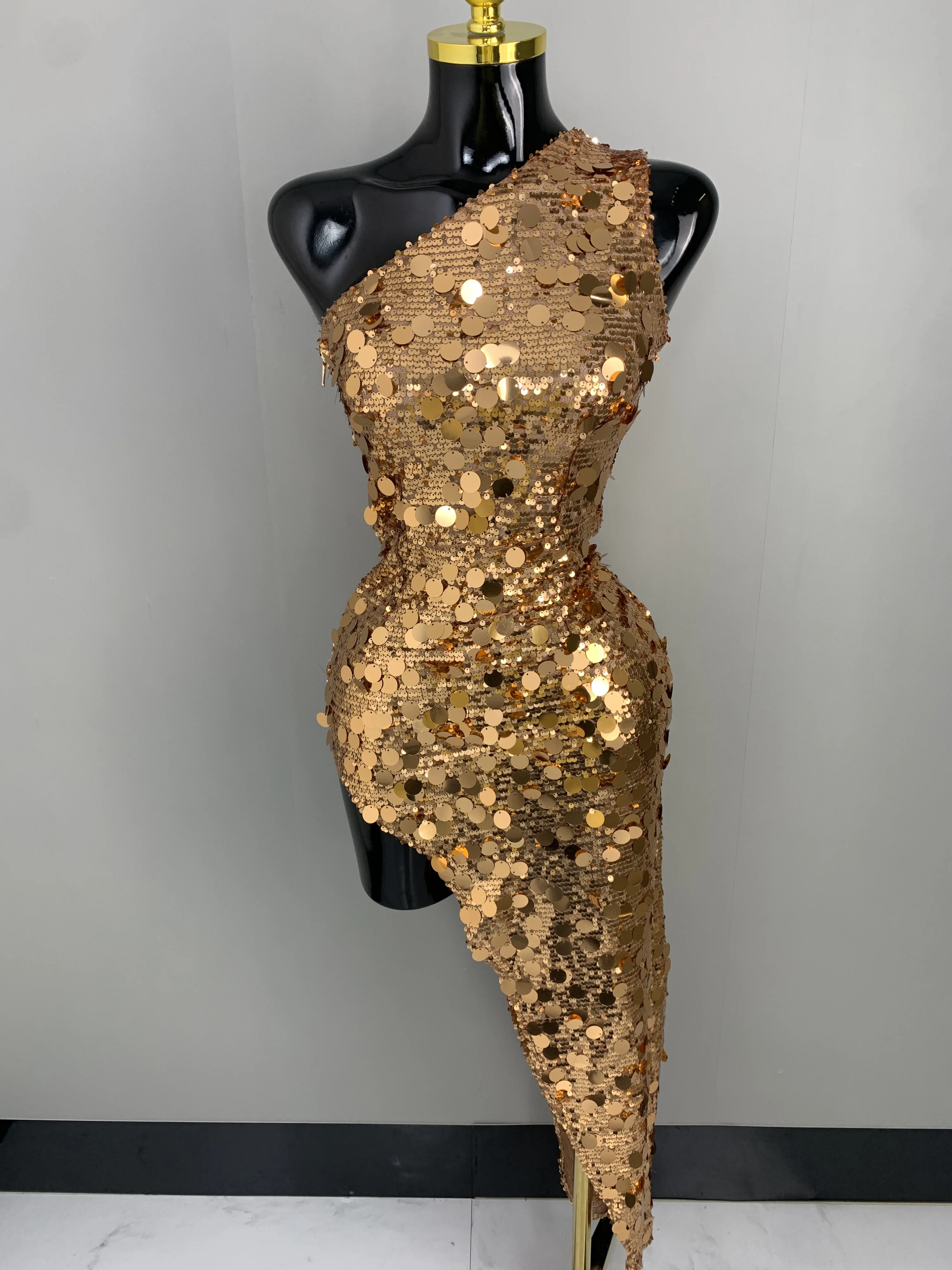 Women Gold One Shoulder Slant Shoulder Sparkly Sequin Asymmetric Hem Maxi Long Dress Elegant Cocktail Prom Bridesmaid Dresses