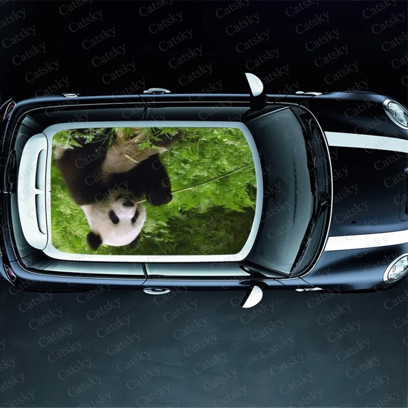 Pandas Eat Bamboo Print Car Roof Sticker Wrap Racing SUV Auto Accessories Packaging Painted PVC Car Hood Graphic Decal Decor