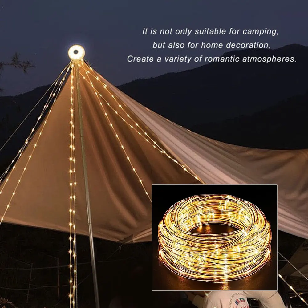 Portable Camping Lights 2 in 1 USB Rechargeable Outdoor String Lights 5 Modes Adjustable Brightness String Light For Yard Garden