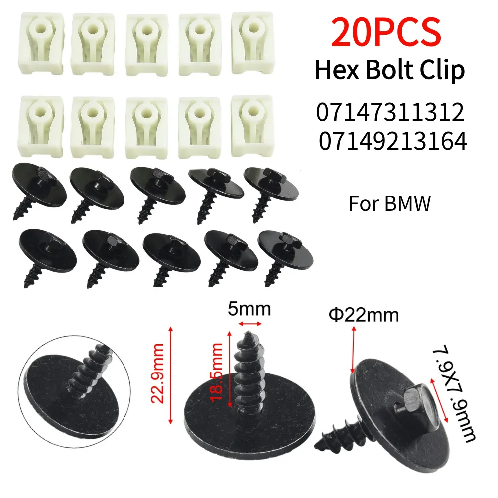 20pcs Hex Bolt Clip Car Plastic 07147311312 / 07149213164 Black +White Front Rear Fender Screw Bolt Retainer Fender Cover Screw