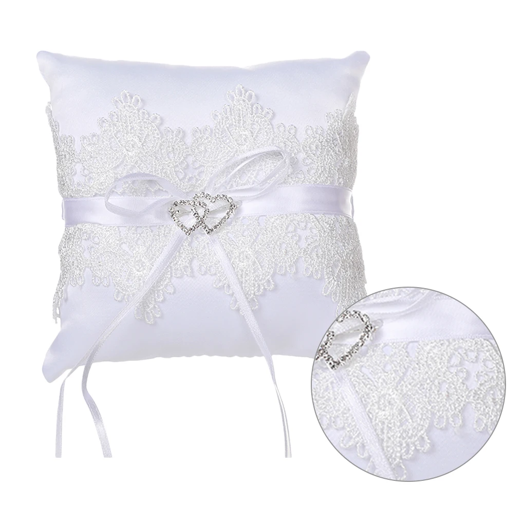 Lace Wedding Ring Pillow Crystal Double Heart Ring Cushion Bearer for Beach Wedding Ceremony