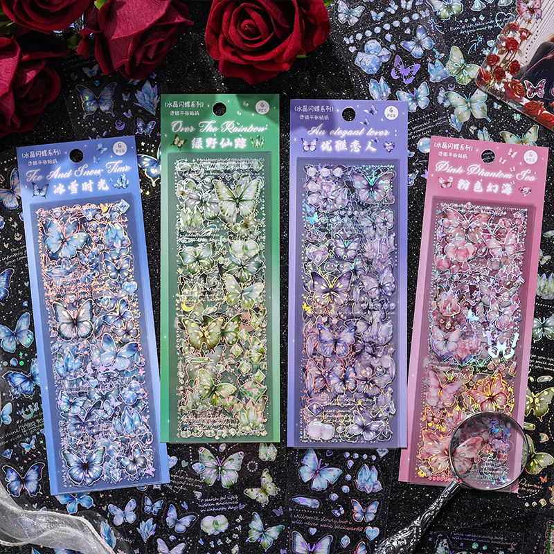 6Pcs/Pack Butterfly Decor Stickers Transparent PET DIY Collage Journal Scrapbook Aesthetic Stationery
