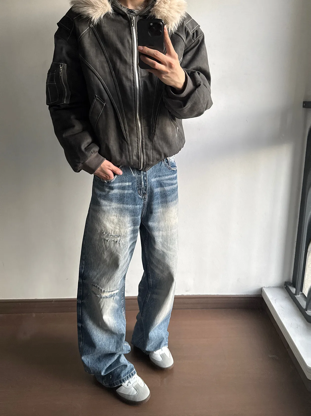 

Retro American High Street Distressed Straight Leg Jeans Men's Trendy Brand Cleanfit Slimming Long Pants