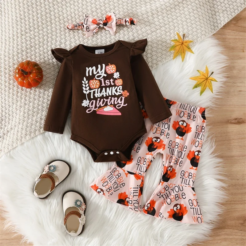 Baby Girls Fall Thanksgiving Outfits Letter Print Long Sleeves Romper and Turkey Print Flared Pants Headband Set