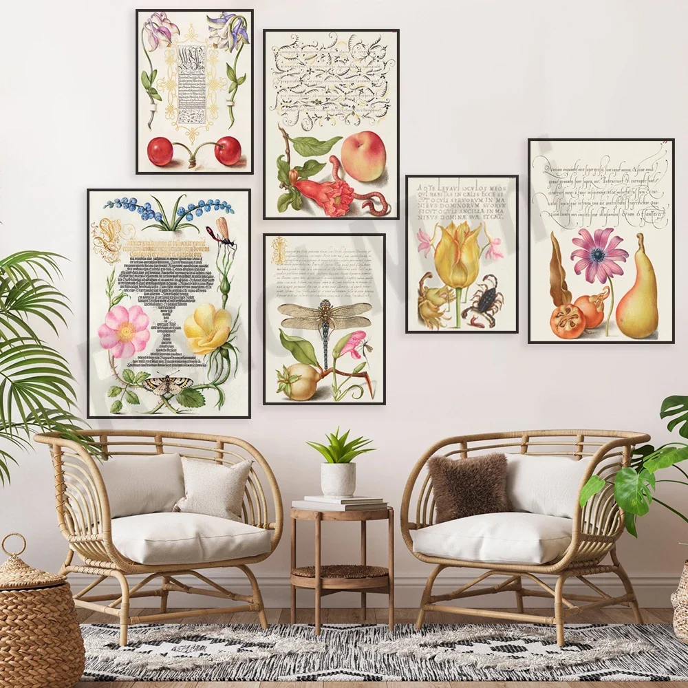 Fruits and flowers, butterflies, pears and molluscs, mushrooms, calligraphy template, nature literary floral botanical poster