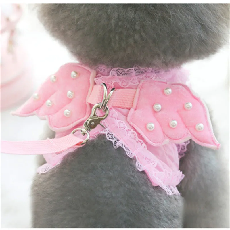 Small Dog Harness and Leash Set Pet Cat Vest Harness Pearl Cute Angel Wing Princess Pet Dog Harness Leashes Adjustable Leashes