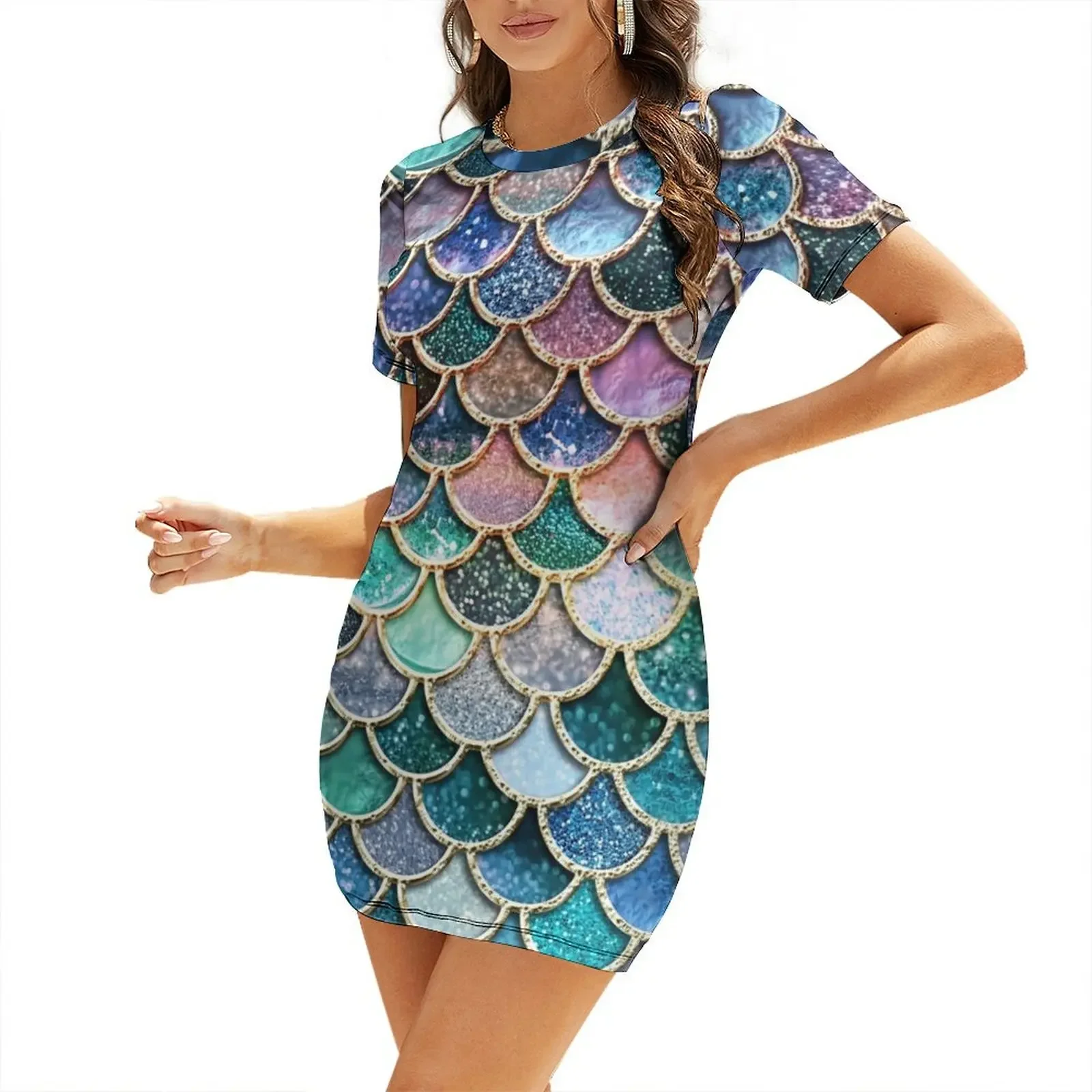 

Teal, Silver and Pink Sparkle Faux Glitter Mermaid Scales Short-Sleeved Dress luxury dress Dress