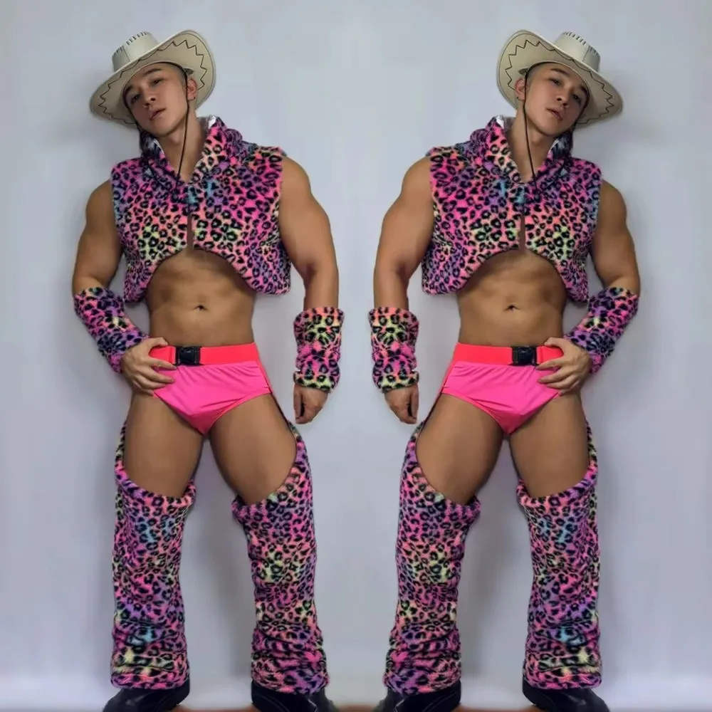 الوردي فو الفراء سترة السراويل جوفاء القوطية نمط الرجال ملهى ليلي أداء الحفلات طقم ملابس ملهى ليلي المغني تظهر المرحلة ارتداء