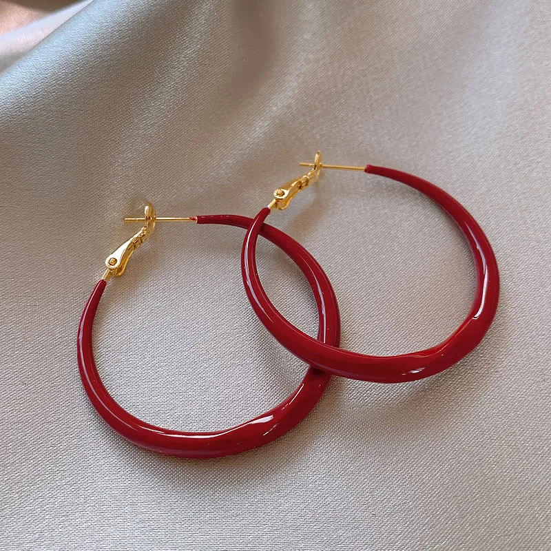 French Vintage Red Spot U-shaped Round Drping Oil Gold Plating Zircon Hoop Earrings for Women Temperament Charms Premium Jewelry image 3