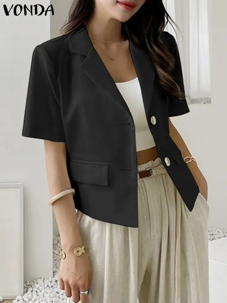 VONDA Elegant Women Blazer Fashion Outwears Casual Coats 2023 Summer Short Sleeve Lapel Coat Solid Buttons Blazer Streetwear