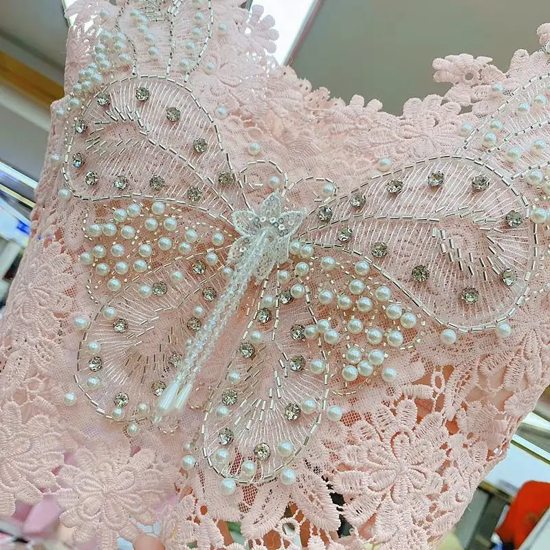 Crop Top Lace Camisole Top for Women 2024 Summer New Sweet Heavy Industry Beads Butterfly Pattern Inner Vest Women Clothing