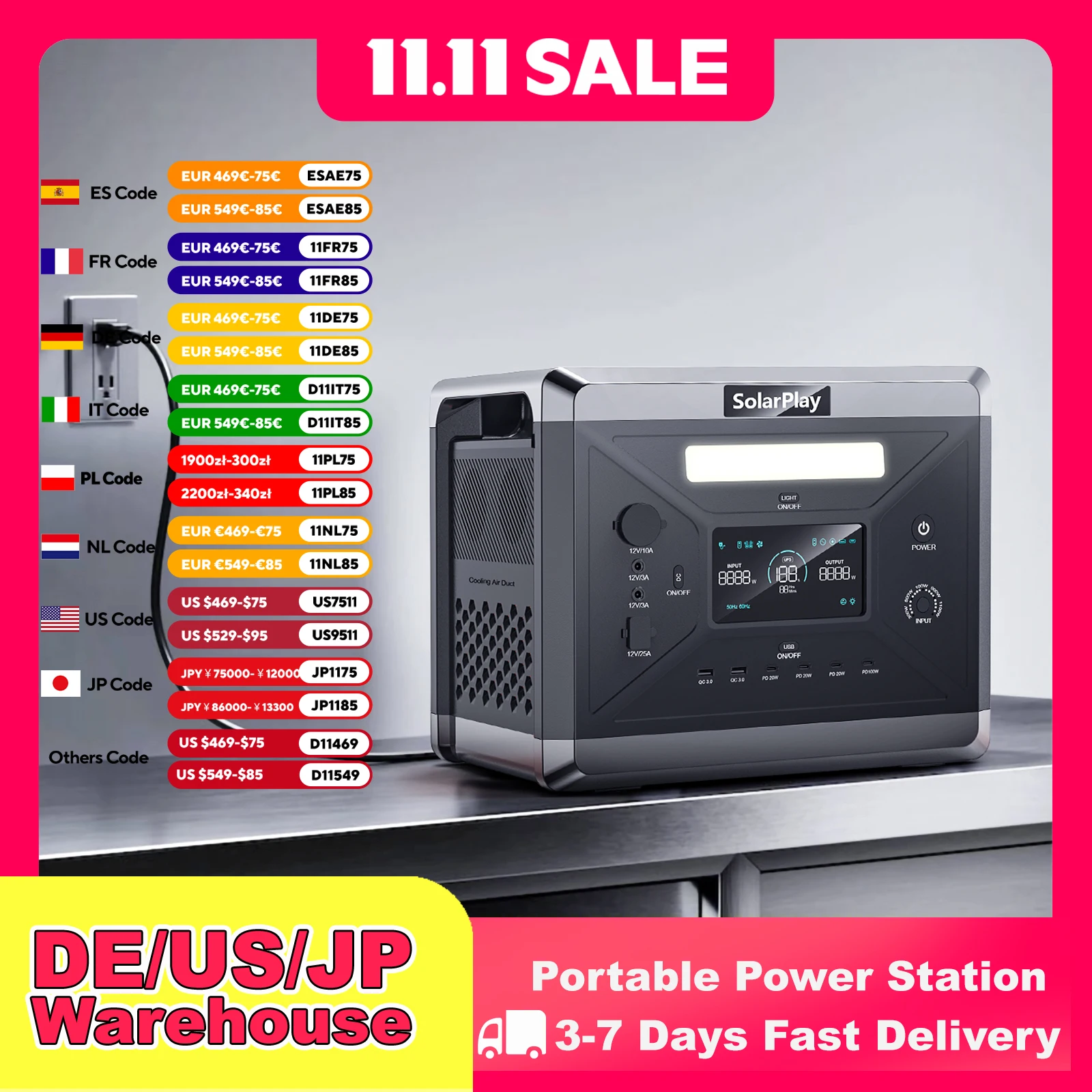 محطة طاقة محمولة من SOLARPLAY بقدرة 2400 وات (400 وات الذروة) احتياطية للطوارئ 2160 وات في الساعة مصدر طاقة عالي الطاقة لانقطاع التيار الكهربائي المنزلي الخارجي