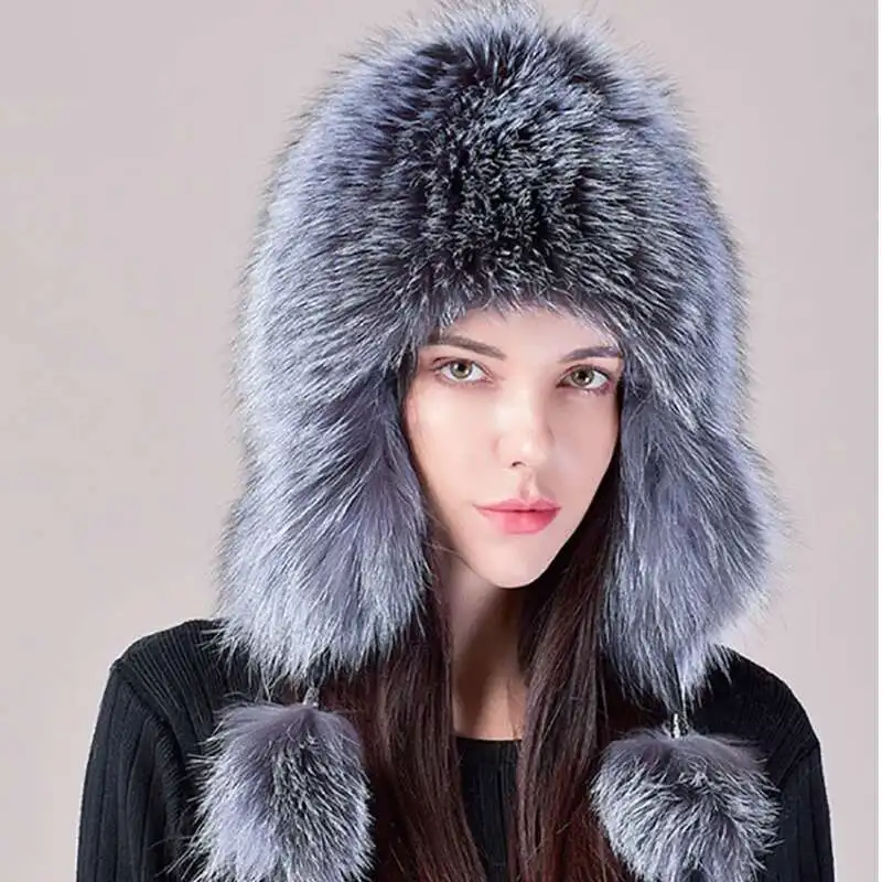 

Real Fox Fur Hat For Women Winter Warm Ear Protection Fur Hat Wind Snow Bomber Hat Outdoor Skiing Hat Natural Fur Russians Caps
