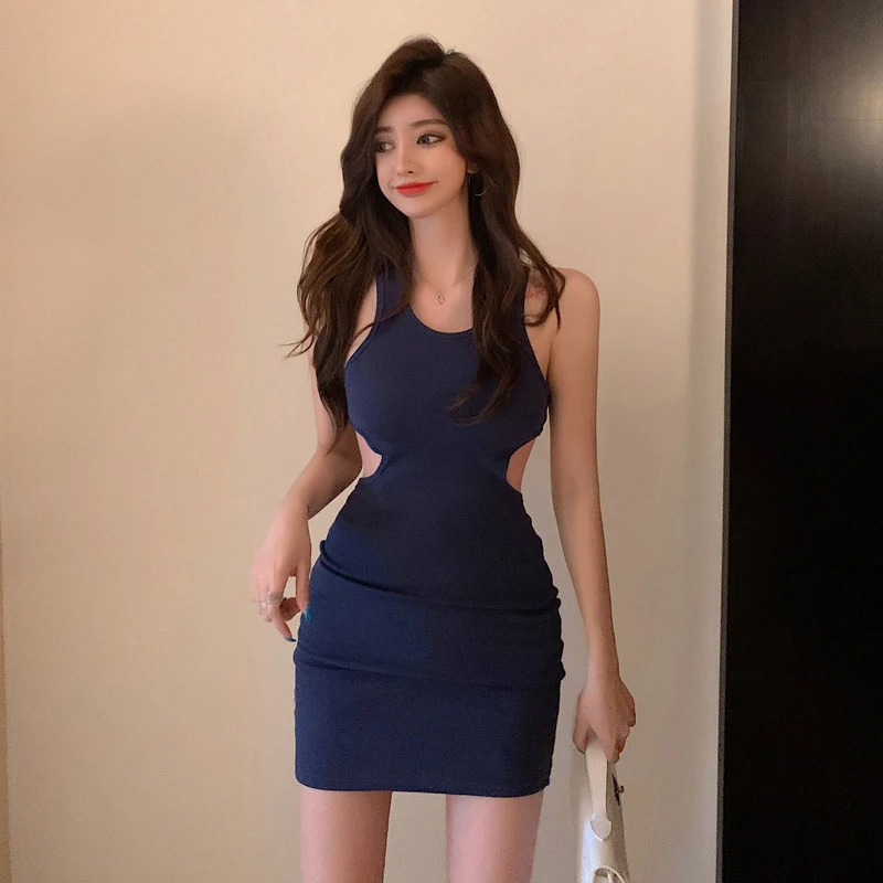 Elegant Solid Hollow Women Ins Backless Sexy Wrapped Dress Summer Waist Cut-Out I-Shaped Mini Dresses