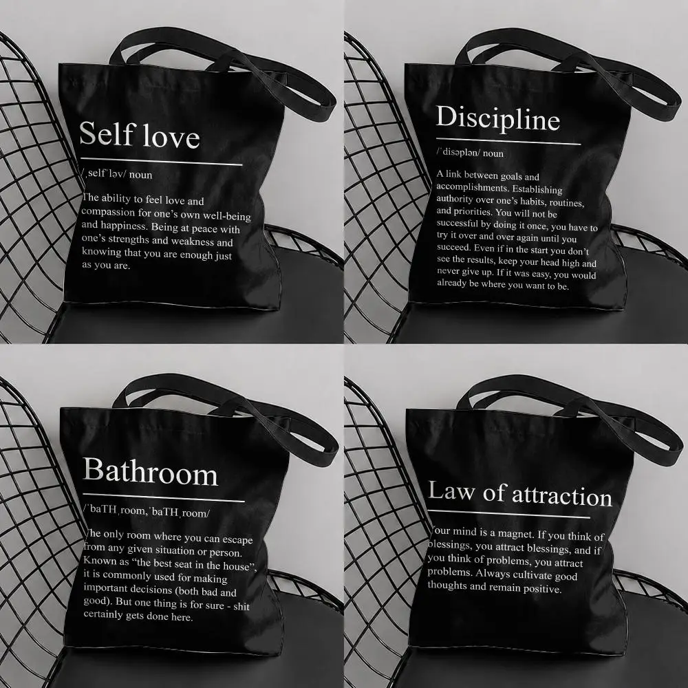Discipline Motivational Terms Storage Bags Canvas Tote Bag Double-Sided Print Lightweight Shoulder Travel Beach Bag Gift Eco