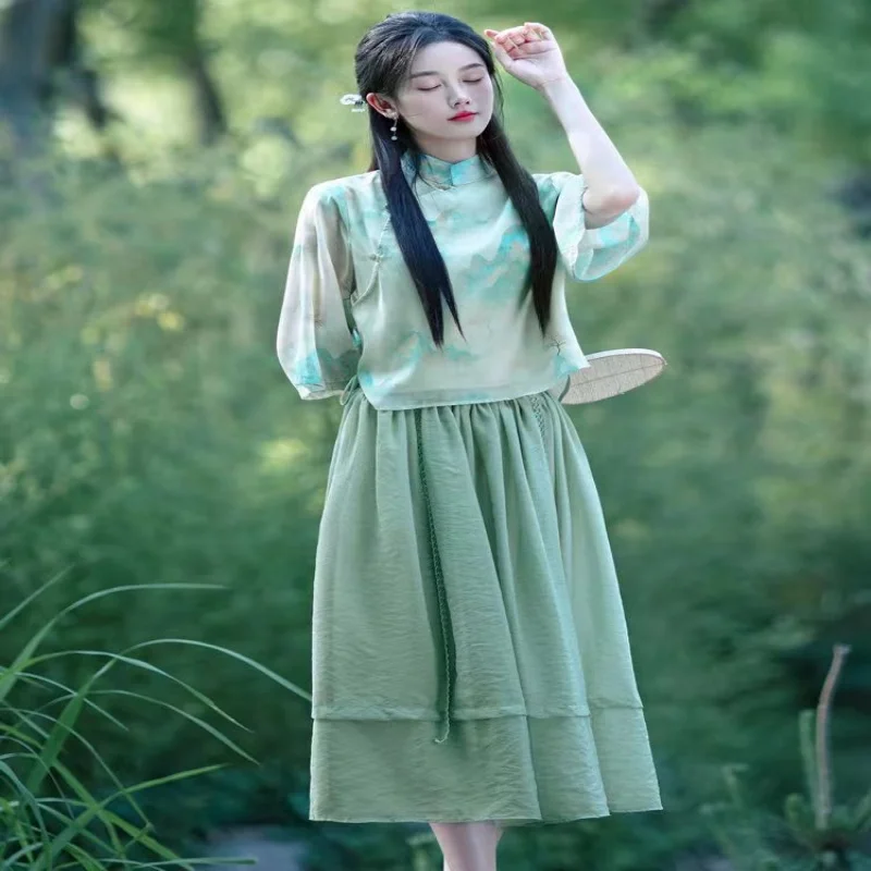 

New Chinese Style Retro Literary Half Skirt Tang Suit Two-Piece Set With Improved Chinese Style Zen Tea Suit Daily Women's Set