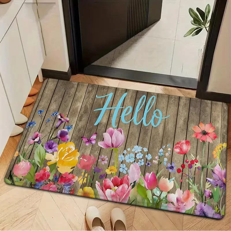 Dark Background Wild Floral Doormat Colorful Meadow Flower Print Non Slip Floor Rug For Bedroom Entryway Vintage Botanical Decor