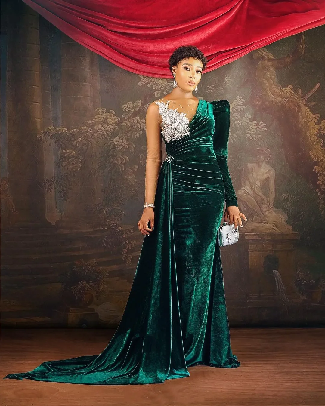 Vestidos de Fiesta de terciopelo verde oscuro con cuello redondo, sirena árabe, cuentas de cristales, mangas largas, noche, fiesta Formal, recepción, cumpleaños, Enga