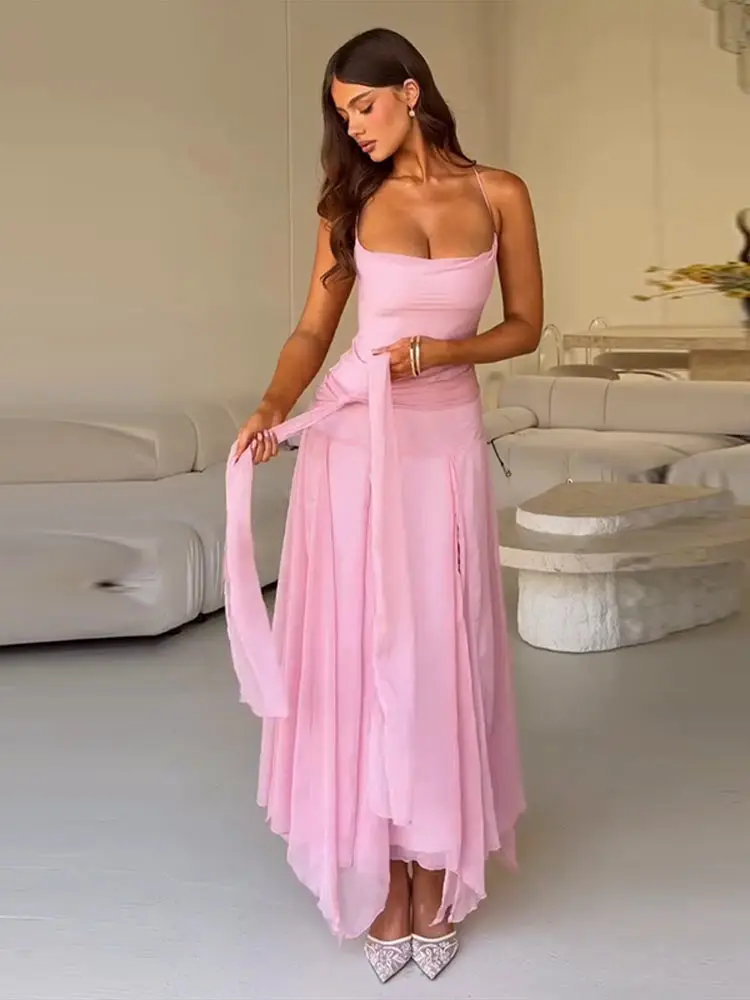 Asymmetrisches Langes Schnürkleid für Damen Sexy Spaghetti-Träger Ärmellos Rückenfrei Hoher Schlitz Schlankes Party-Abendkleid Neues Vestido – Detail 7