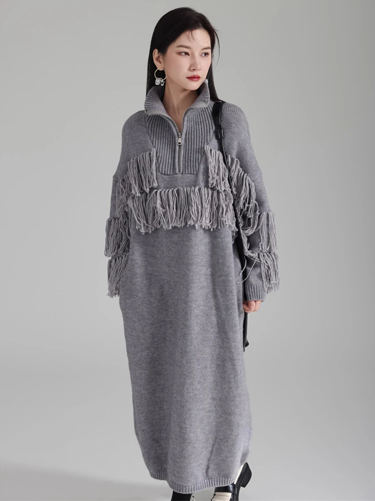 [EAM] Women Gray Big Size Tassels Knitting Dress New Turtleneck Long Sleeve Loose Fit Fashion Tide Spring Autumn 2024 1DH3150