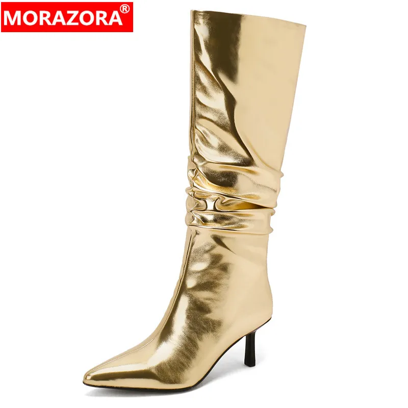 

MORAZORA 2024 New Pleated Stretch Fabric Knee High Boots Thin High Heels Stretch Boots Sexy Ladies Slip On Winter Boots