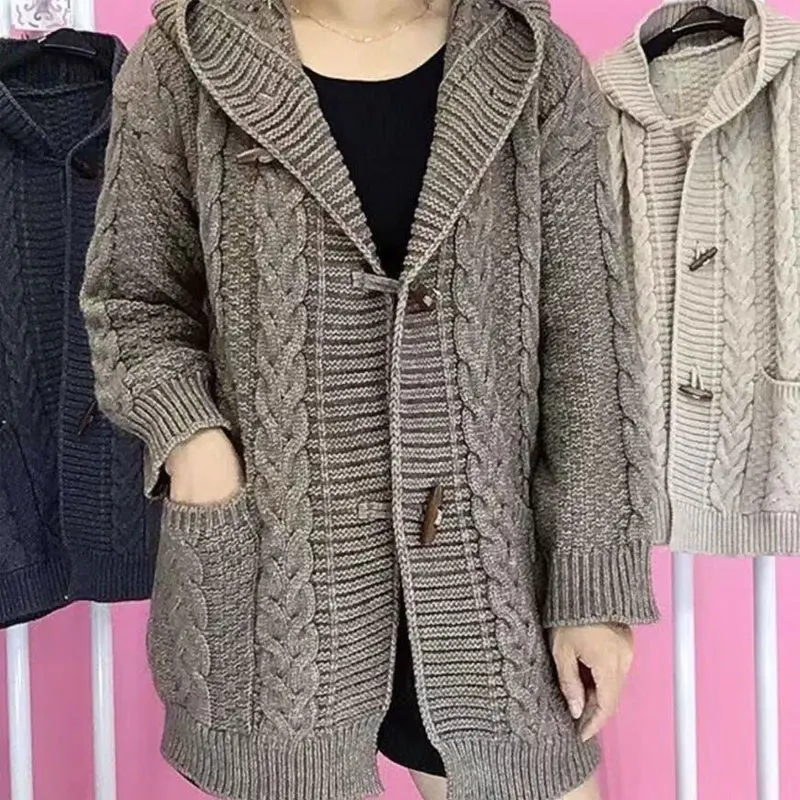 Stylish Horn Button Loose Knitted Sweaters Vintage Solid Color Casual Hooded Women\'s Clothing Commute All-match Midi Cardigan