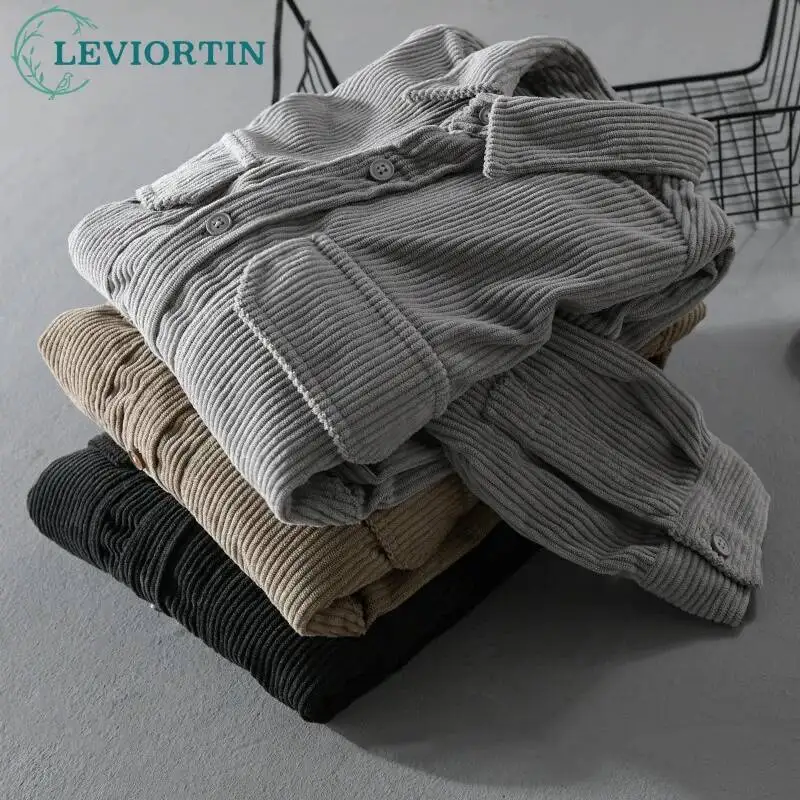 Men's Corduroy Cargo Shirts Autumn Casual Solid Outwear Overshirt Long Sleeve Button Down Shirt Jacket With Chest Flap Pocket