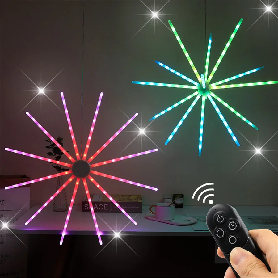 Guirnalda de luces LED de Navidad con estrella explosiva, luces de fuegos artificiales de hadas colgantes RGB remotas USB, decoración del hogar para fiesta de jardín