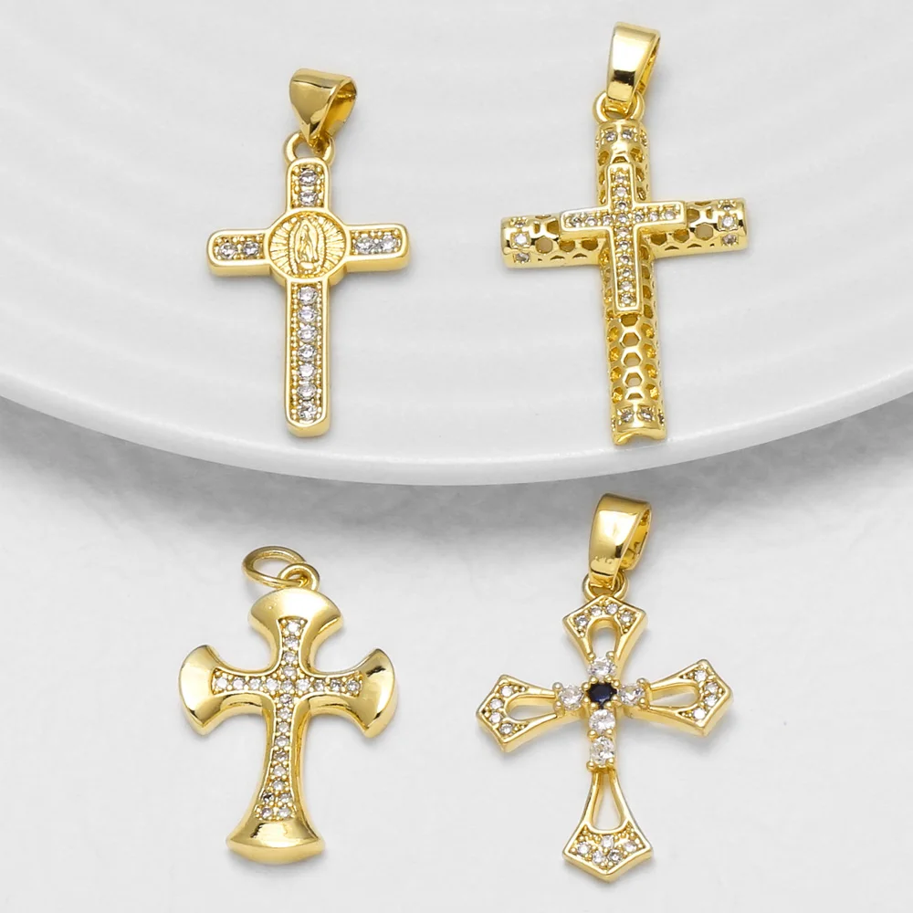OCESRIO White Crystal Big Cross Pendant for Necklace Copper Gold Plated Virgin Mary Crucifix Jewelry Making Supplies pdta884