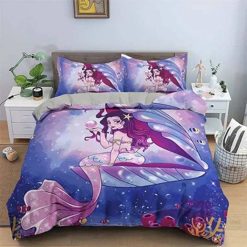 

Modern Cartoon Mermaid Toddler Bedding Set Single Twin Double Queen King Cal King Size Bed Linen Set