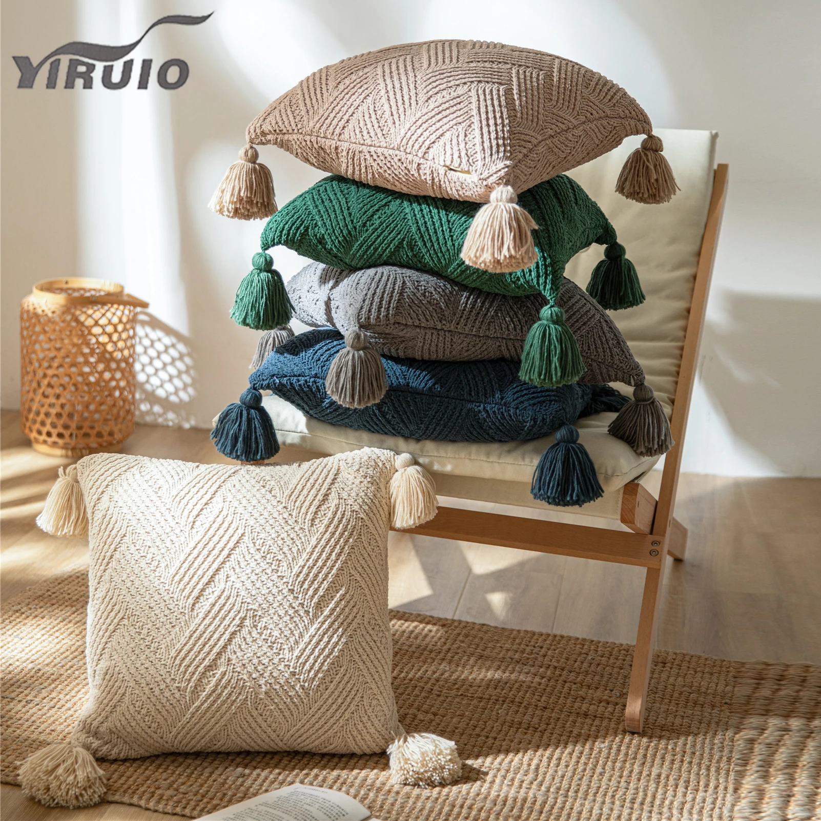 YIRUIO Soft Cozy Chenille Cushion Cover Nordic Stripe Cross Tassel Decorative Pillow Case For Sofa Couch Bed Chair Pillow Cover