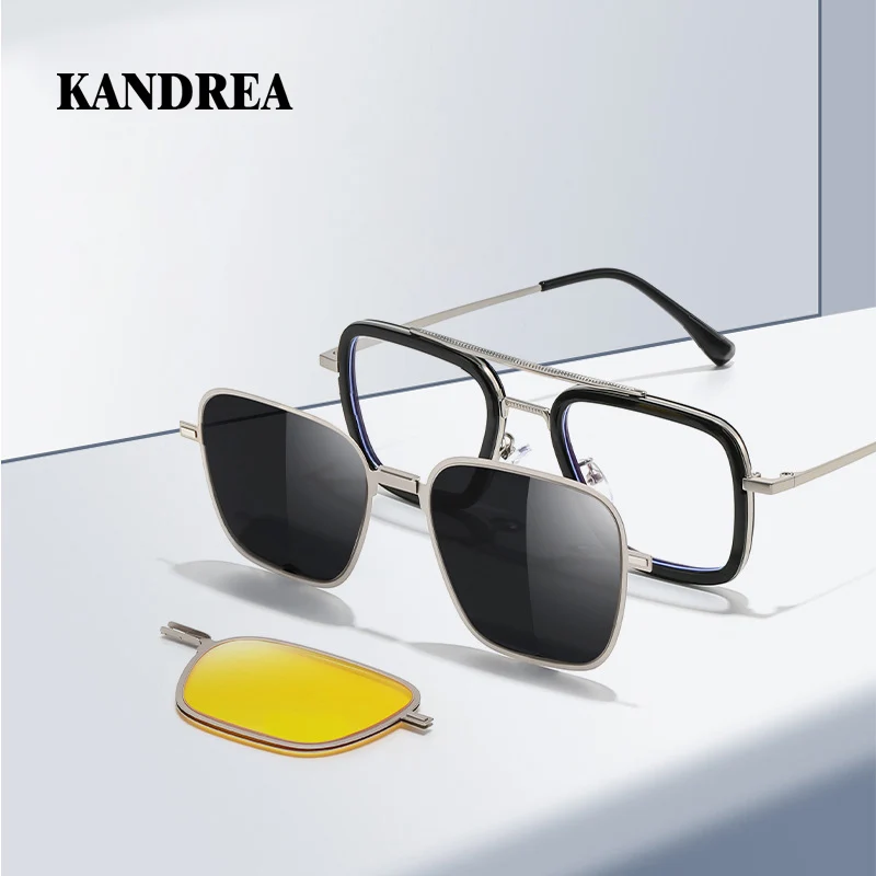 KANDREA Fashion 2 IN 1 occhiali da sole polarizzati IN metallo occhiali da sole magnetici pieghevoli da uomo miopia occhiali Anti-luce blu montatura 7701