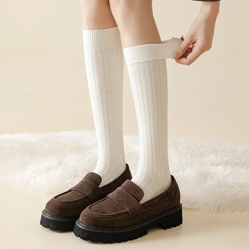 Trendy Women's Stockings New Japanese Style Solid Color Simple Red Long Women Socks Striped Fashion Korean Knee High Socks Wool