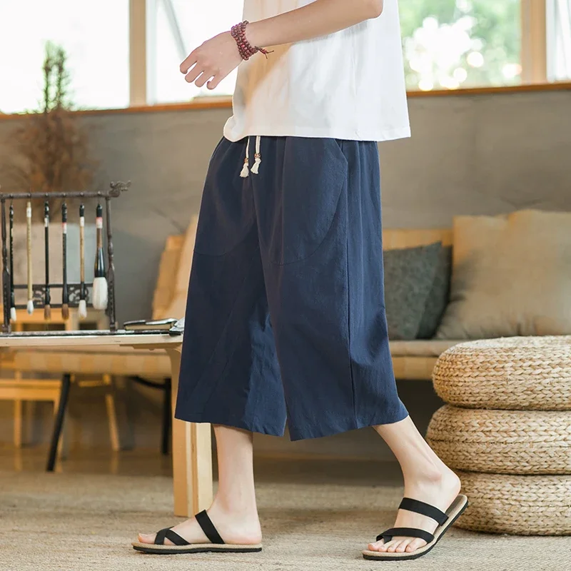 Chinese Style Men Linen Pants Men Wide Leg Trousers Male Drop Crotch HipHop Man Joggers Calf-Length Pants Track Pant Streetwear