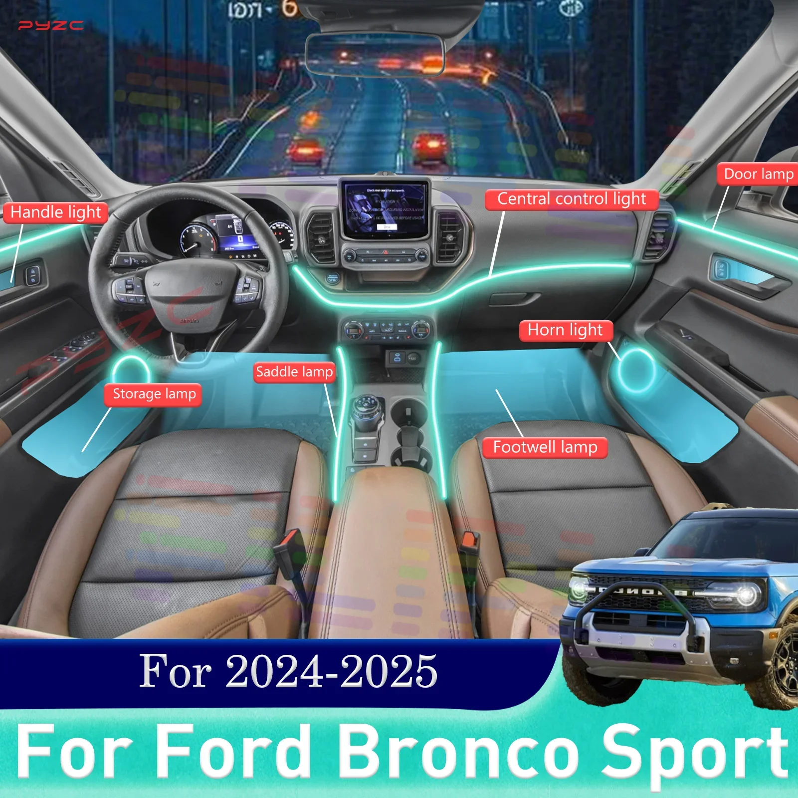 

For Ford Bronco Sport For 2024-2025 Smart Remote Control Car Interior Ambient Light RGB 64 Colors LED Magnetic Installation Set