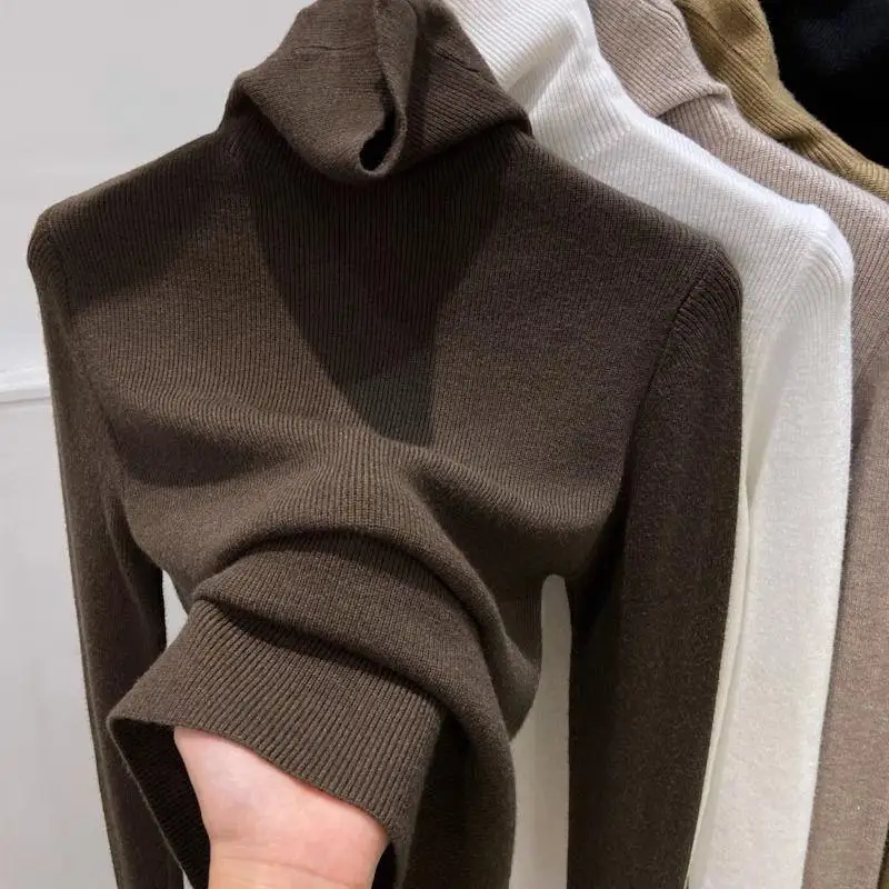 

Женский трикотаж с высоким воротником, мягкий уютный свитер, осень-зима, новый длинный топ на голову, облегающий базовый топ