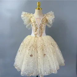 Children Long Ballet Dress Girls Beige Lace Swan Sequins Princess Dress Adults Women Modern Dance Stage Performance Costume