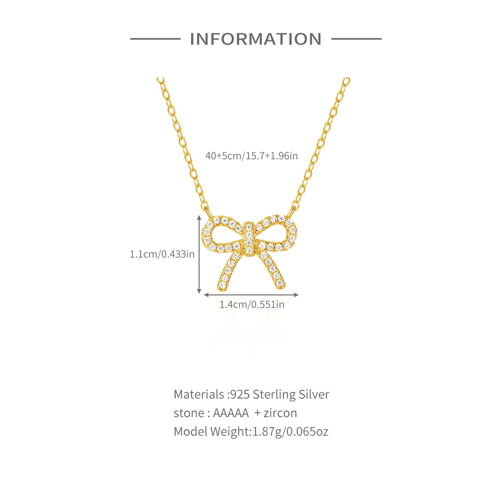 CANNER 925 Sterling Silver Bow Studded Zircon Wisiorek Naszyjnik Dla Kobiet 18K Złoto Prosty Naszyjnik Ins Drobna Biżuteria Prezent Imprezowy — zdjęcie 3