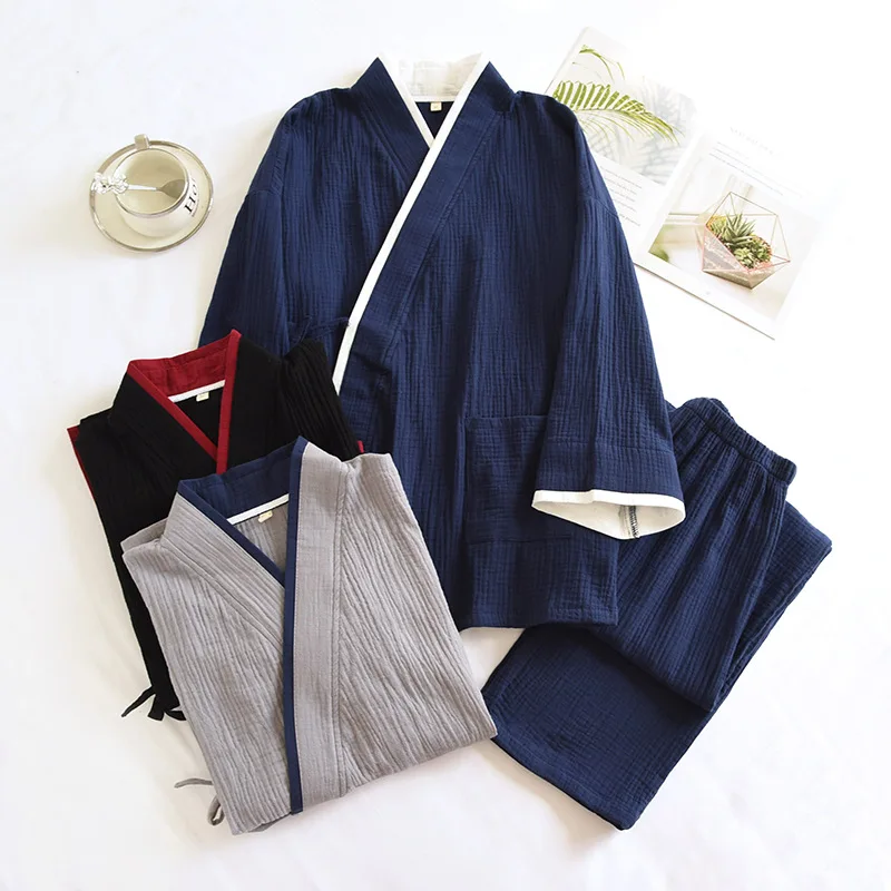 Japanese Style Spring Autumn Thin Men's Kimono Hanfu Pure Cotton Sleepwear Plus Size Home Set Nightie Home Wear