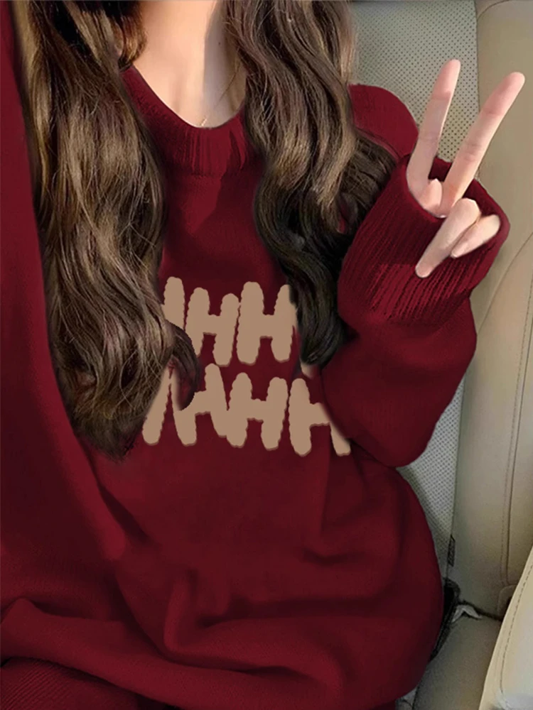 

Red Wine Color round Ne Thiened Women's Sweater Sweet Sle Loose Fit Long Sve Winter New Year's Faionable Knitwear