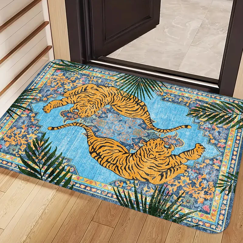 Area Rug Non-Slip Washable Carpet Floor Mat Doormat with Exotic Tiger Pattern for Front Door Entryway Boho Decor European Retro
