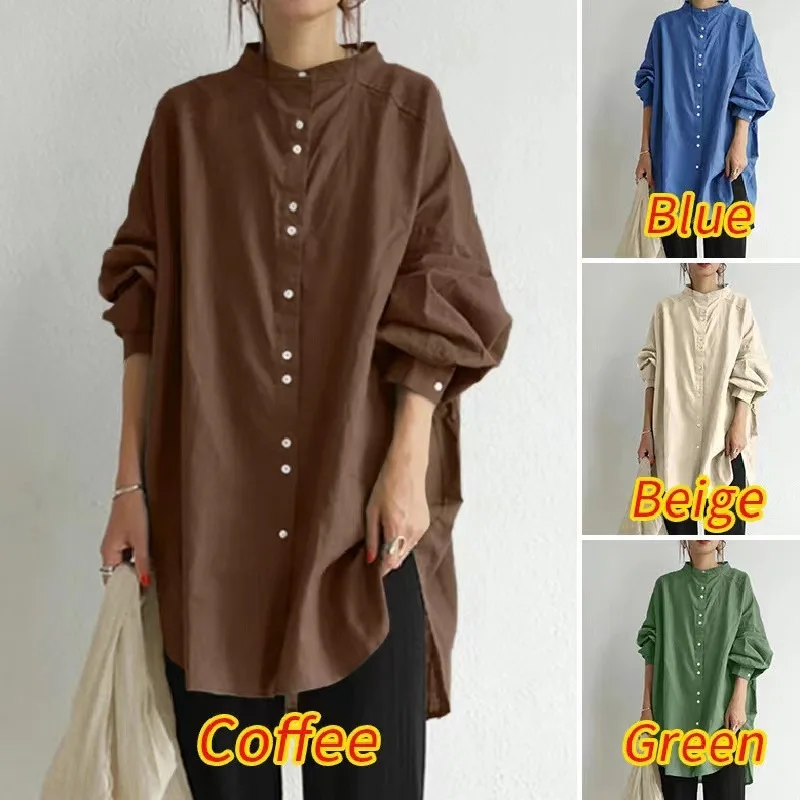 Loose Ladies Long Sleeve Blouse Top Shirt Spring Autumn Cotton Linen Casual Female Women Stand Collar Long Blouse Top Plus Size