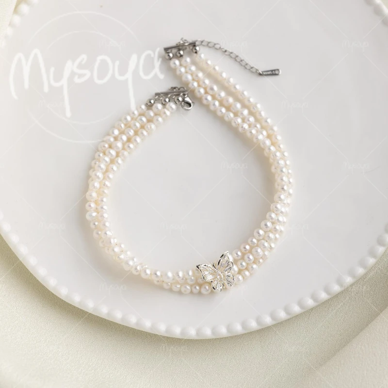 

MYSOYA 3-4mm Three-layer White Freshwater Pearl Butterfly Necklace, for Birthday/ Wedding/ Mother's Day/ Father's Day Gift A0808
