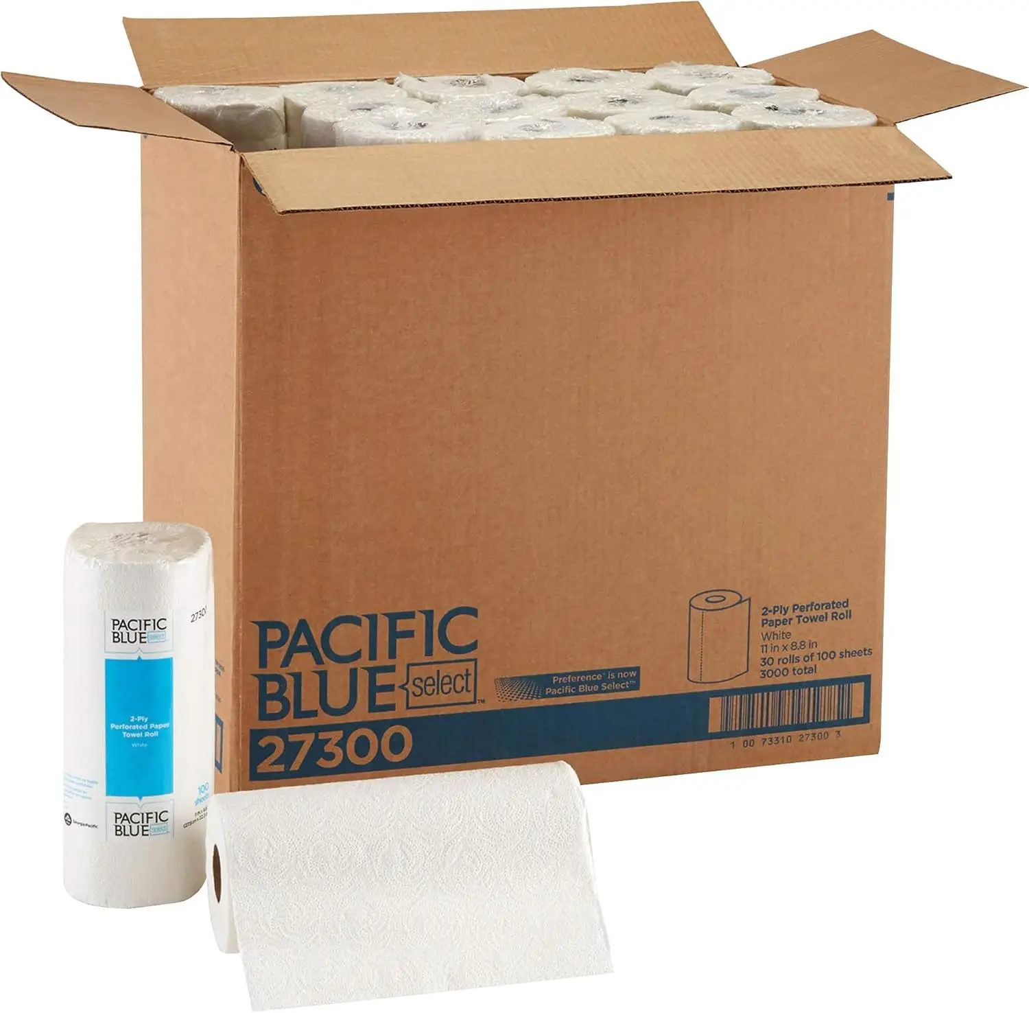 Pacific Blue Select 2-laags geperforeerde papierroldoeken van Georgia-Pacific Pro, 100 vellen per rol, 30 rollen per doos, wit