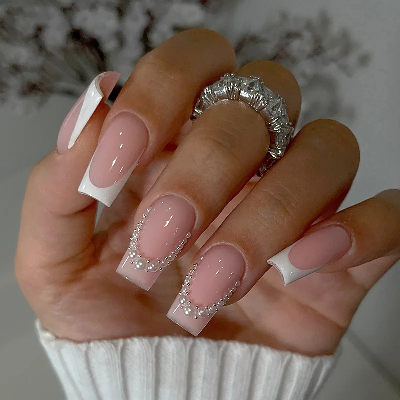 

24Pcs Mid-length Square Head False Nails Press on White Pearl French Design Fake Nails Art Simple Reusable Full Cover Nails Tips