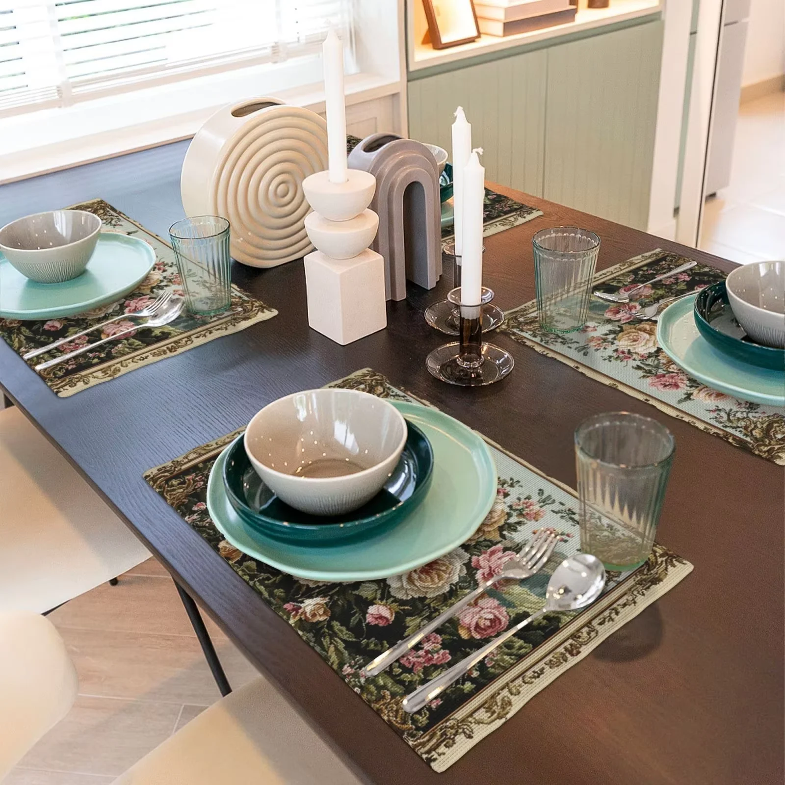 

VIKAMA Heat-Resistant Non-slip Vintage Placemats: Linen Floral Set, Hand Wash Only, Non-woven Rectangular Washable Table Mats