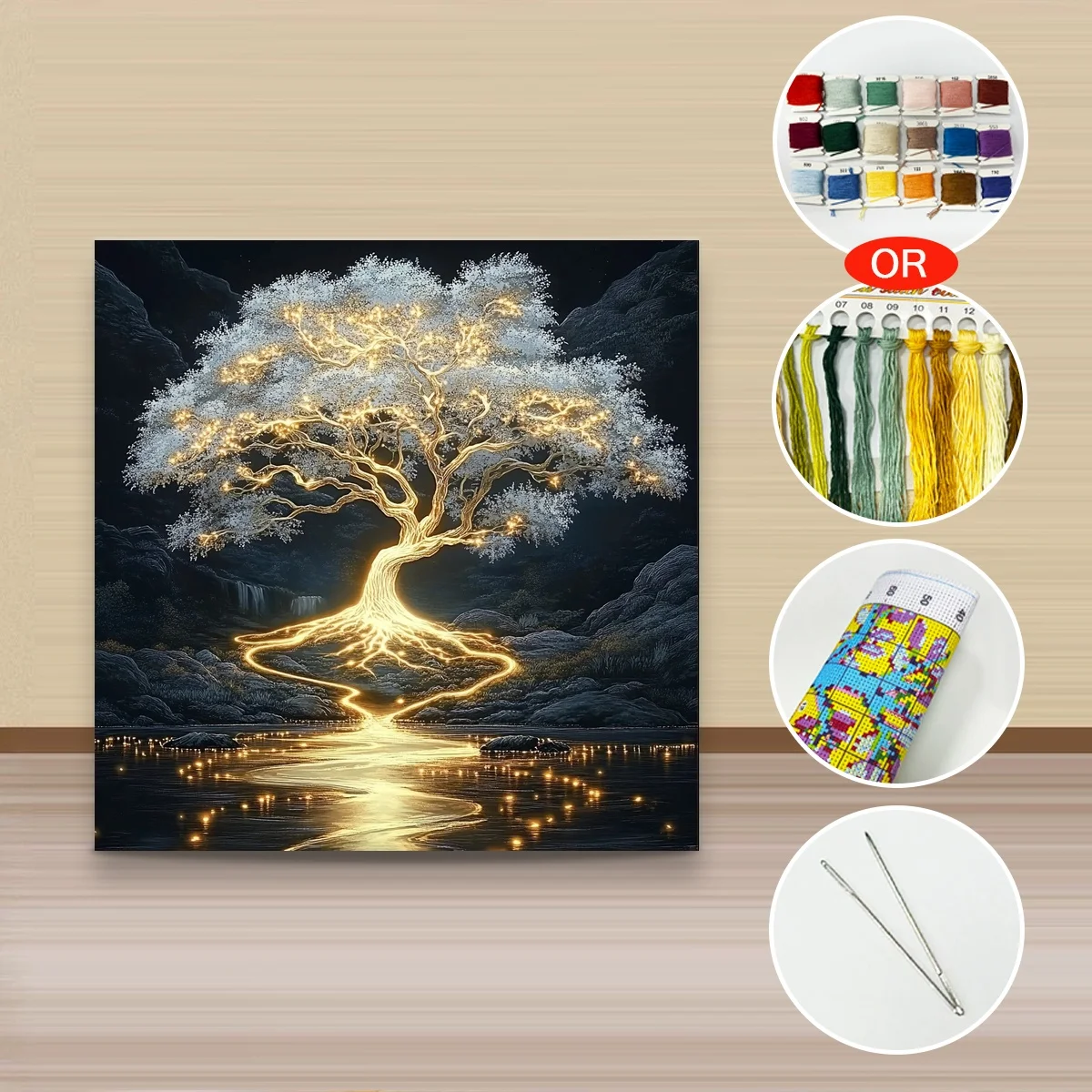 1 Stück 40x40 cm/15,74 Zoll, 11Ct/14Ct Kreuzstich-Set, DIY Valentinstagsgeschenk, Stickerei-Set für Festlichkeiten, Golden Leuchtender Lebensbaum – Detail 3