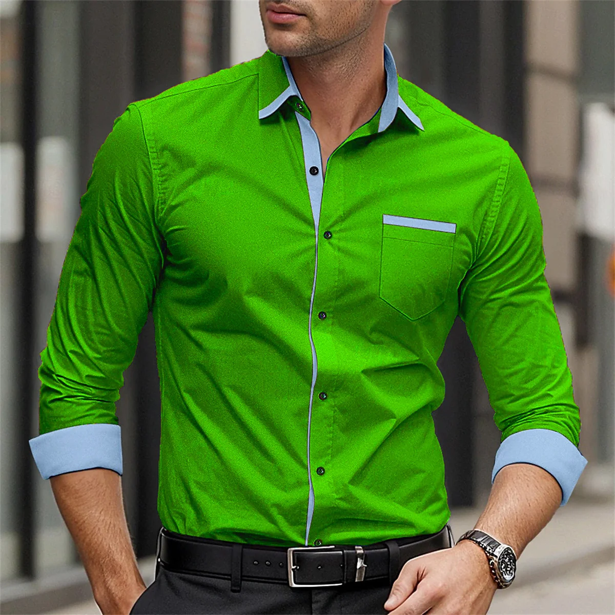 2024 New Men\'s Shirt Solid Color Splicing Printed Collar Shirt Fashion Business Casual Men\'s Long Sleeve Street Top 6XL